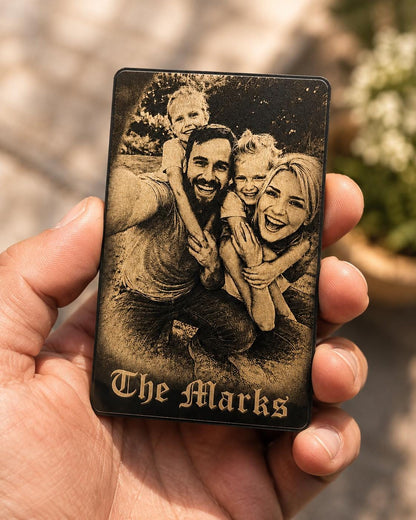 Personalized Photo Wallet Card, Engraved Black Aluminum Insert with Custom Text
