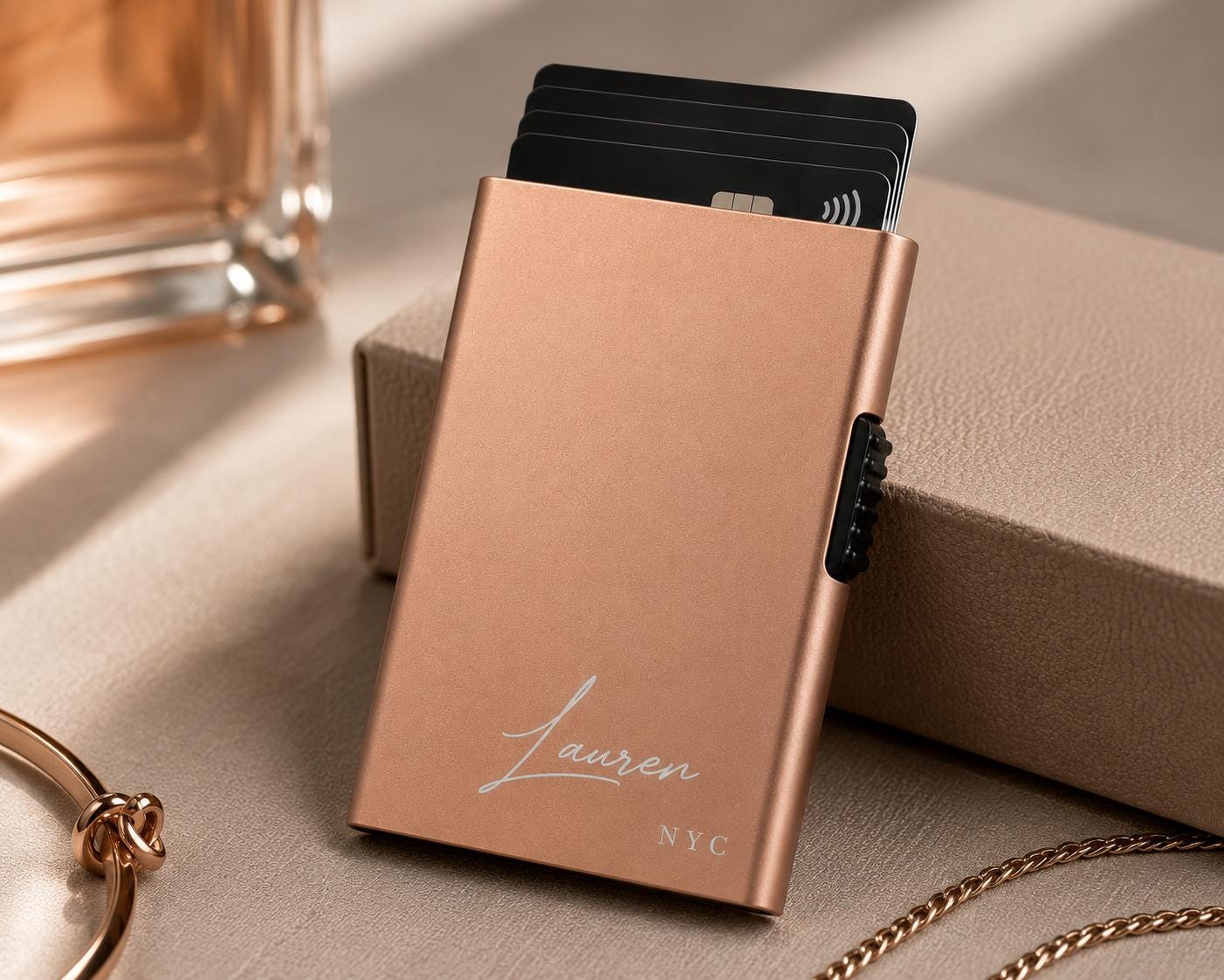 Personalized Card Holder for Her, Custom Monogram RFID Wallet Women, Slim Rose Gold Metal Card Case, Bridesmaid Gift, Gift for Mom Wife