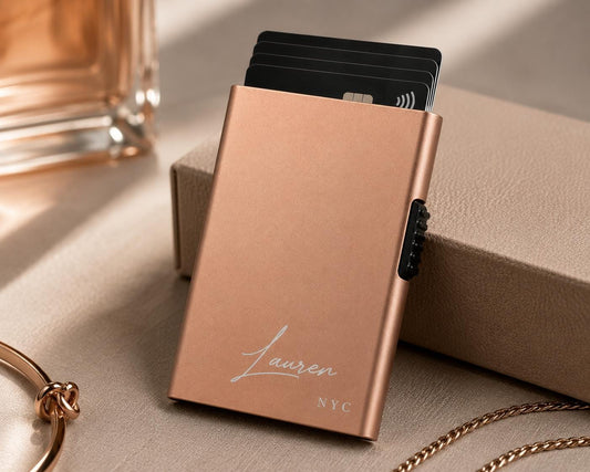 Personalized Card Holder for Her, Custom Monogram RFID Wallet Women, Slim Rose Gold Metal Card Case, Bridesmaid Gift, Gift for Mom Wife