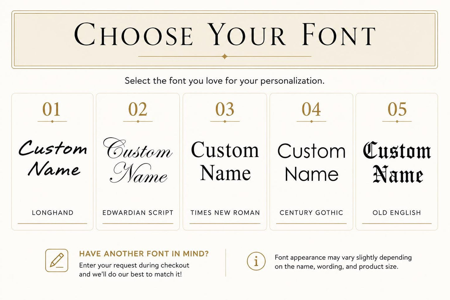 Five engraving font options including Longhand, Edwardian Script, Times New Roman, Century Gothic, and Old English.
