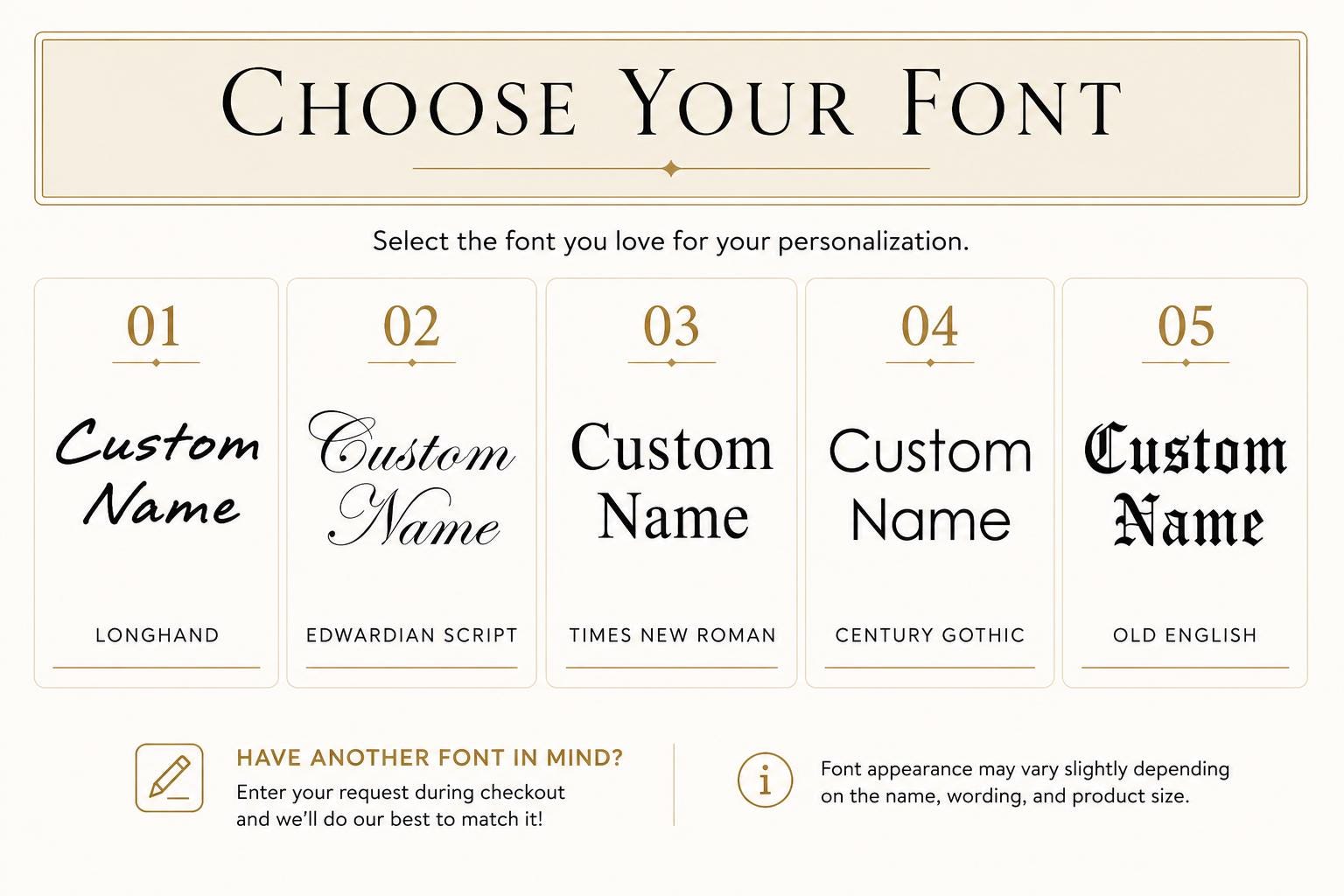 Five engraving font options including Longhand, Edwardian Script, Times New Roman, Century Gothic, and Old English.