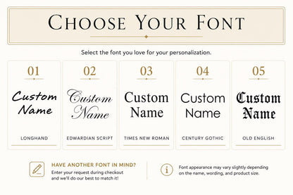Five engraving font options including Longhand, Edwardian Script, Times New Roman, Century Gothic, and Old English.