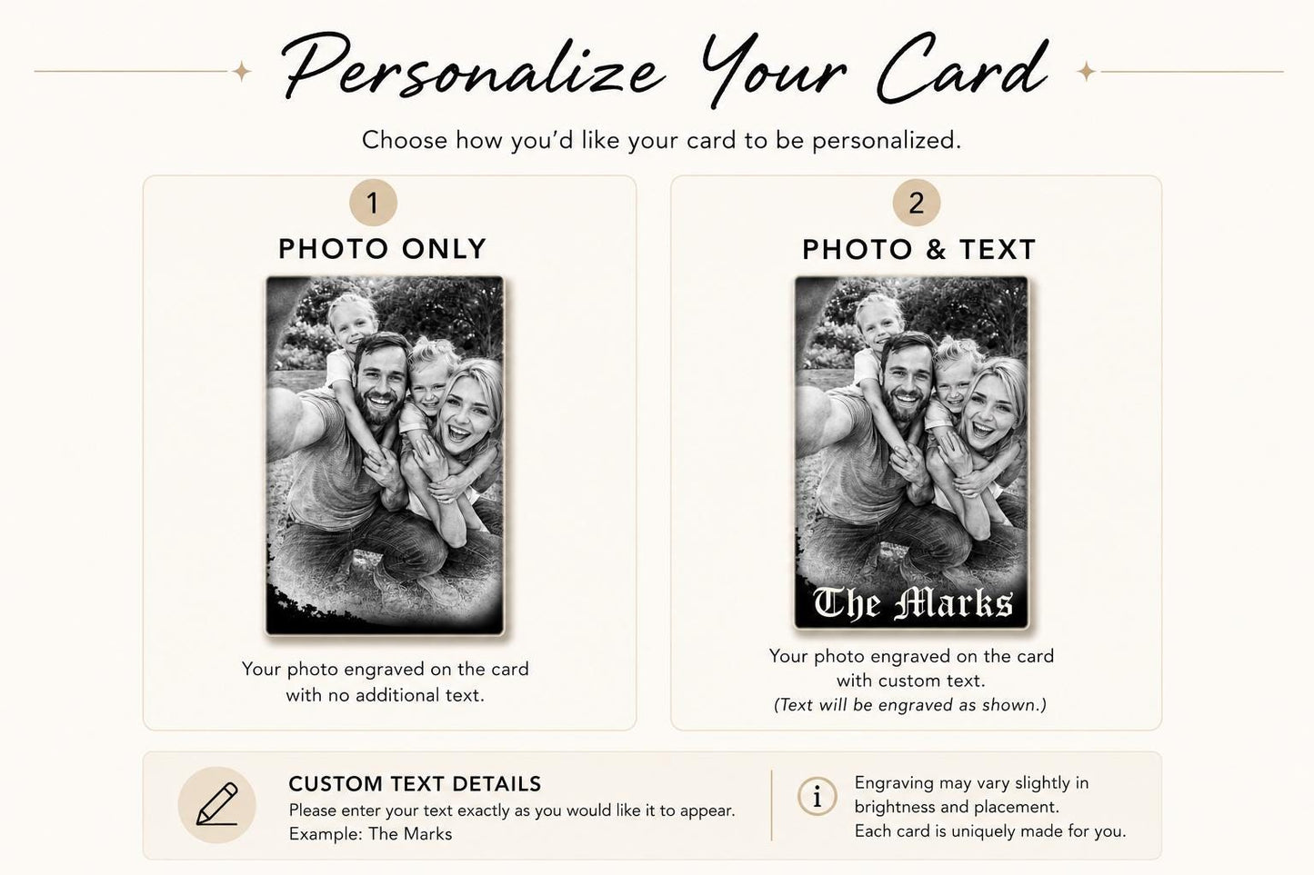Comparison showing a personalized engraved wallet card with a photo only and a second card with a photo and custom text.