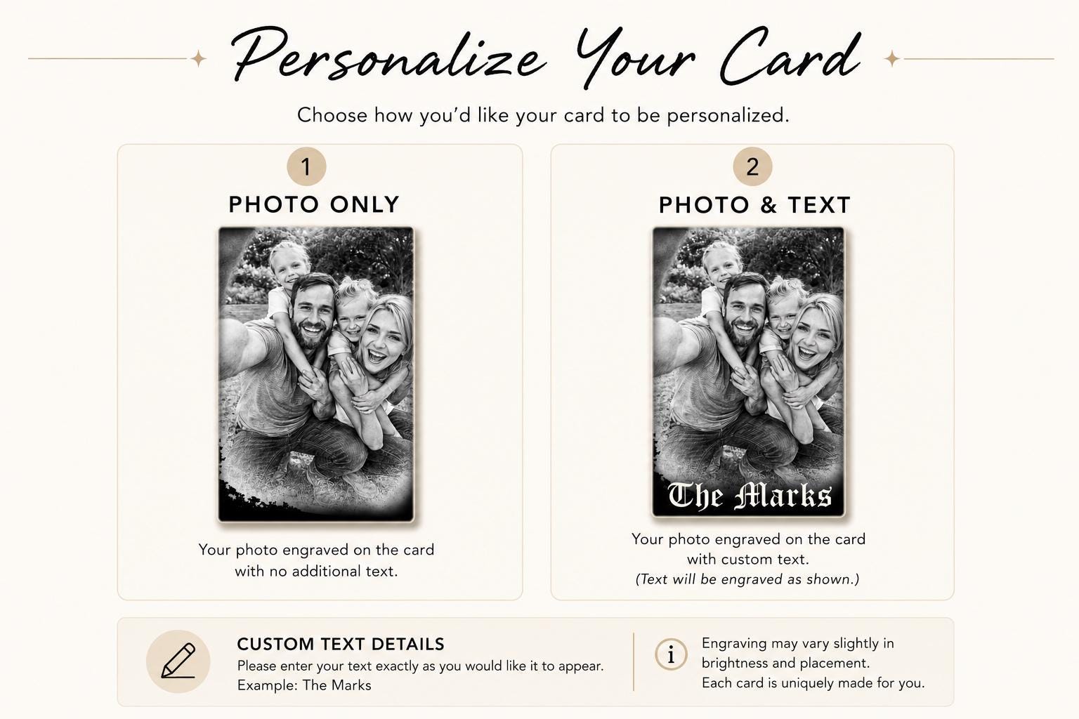 Comparison showing a personalized engraved wallet card with a photo only and a second card with a photo and custom text.