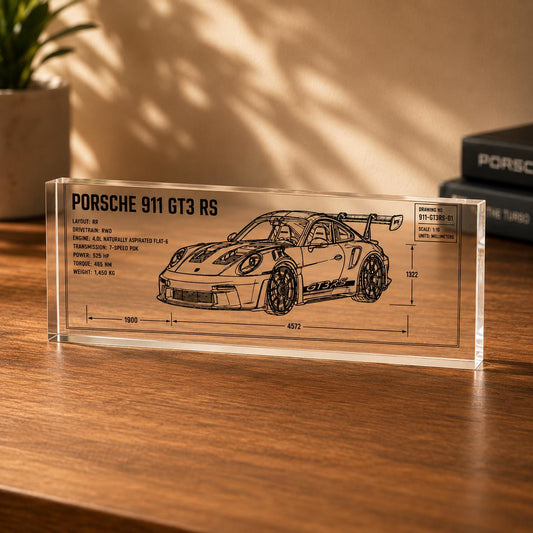 Car Blueprint Acrylic Block, Engraved Sports Car Desk Decor, Gift for Him Car Lover, Supercar Technical Drawing, Garage & Office Display