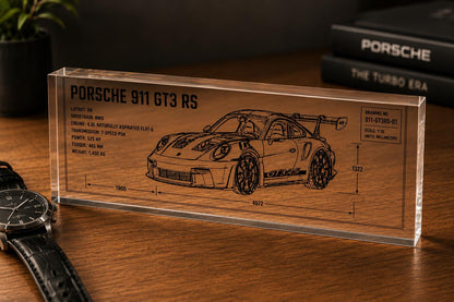 Car Blueprint Acrylic Block, Engraved Sports Car Desk Decor, Gift for Him Car Lover, Supercar Technical Drawing, Garage & Office Display