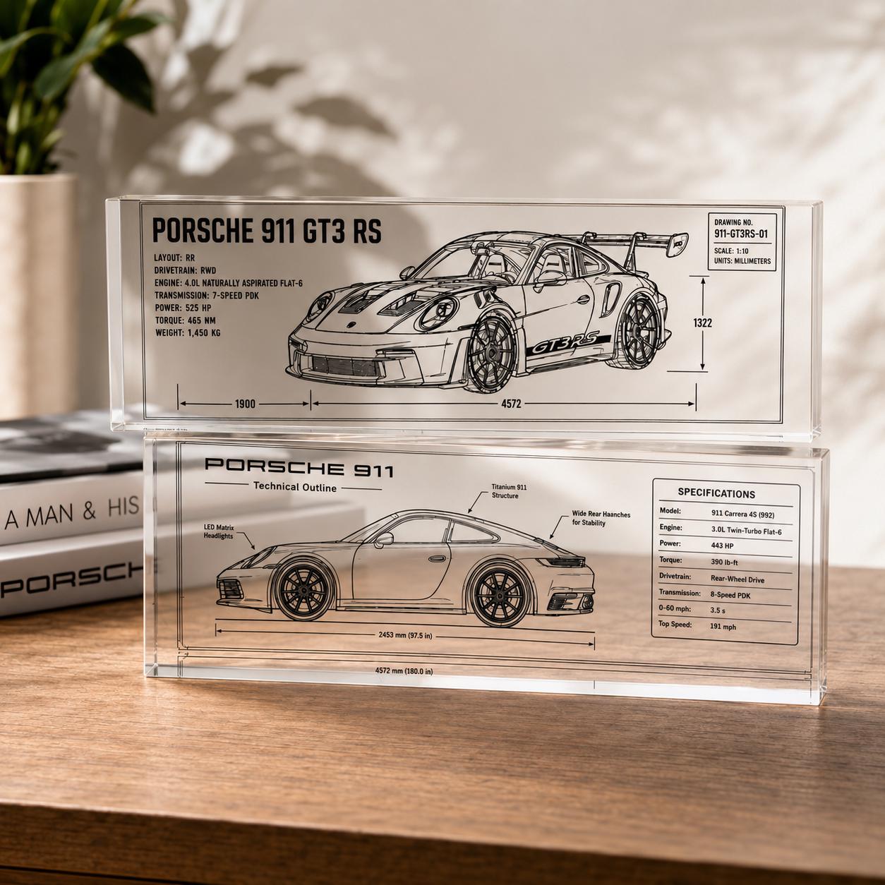 Car Blueprint Acrylic Block, Engraved Sports Car Desk Decor, Gift for Him Car Lover, Supercar Technical Drawing, Garage & Office Display