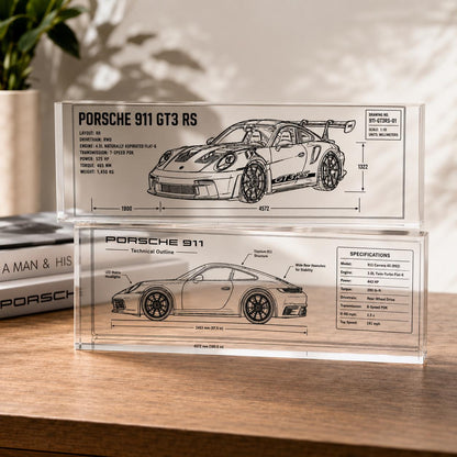 Car Blueprint Acrylic Block, Engraved Sports Car Desk Decor, Gift for Him Car Lover, Supercar Technical Drawing, Garage & Office Display
