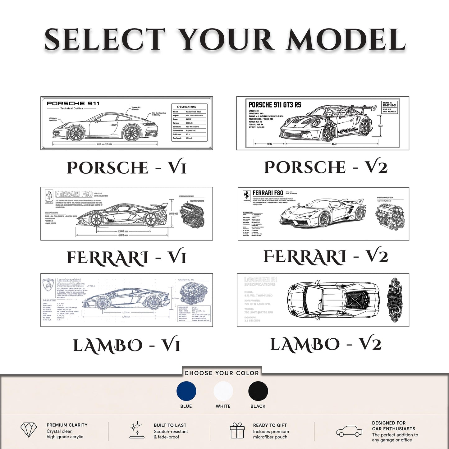 Car Blueprint Acrylic Block, Engraved Sports Car Desk Decor, Gift for Him Car Lover, Supercar Technical Drawing, Garage & Office Display