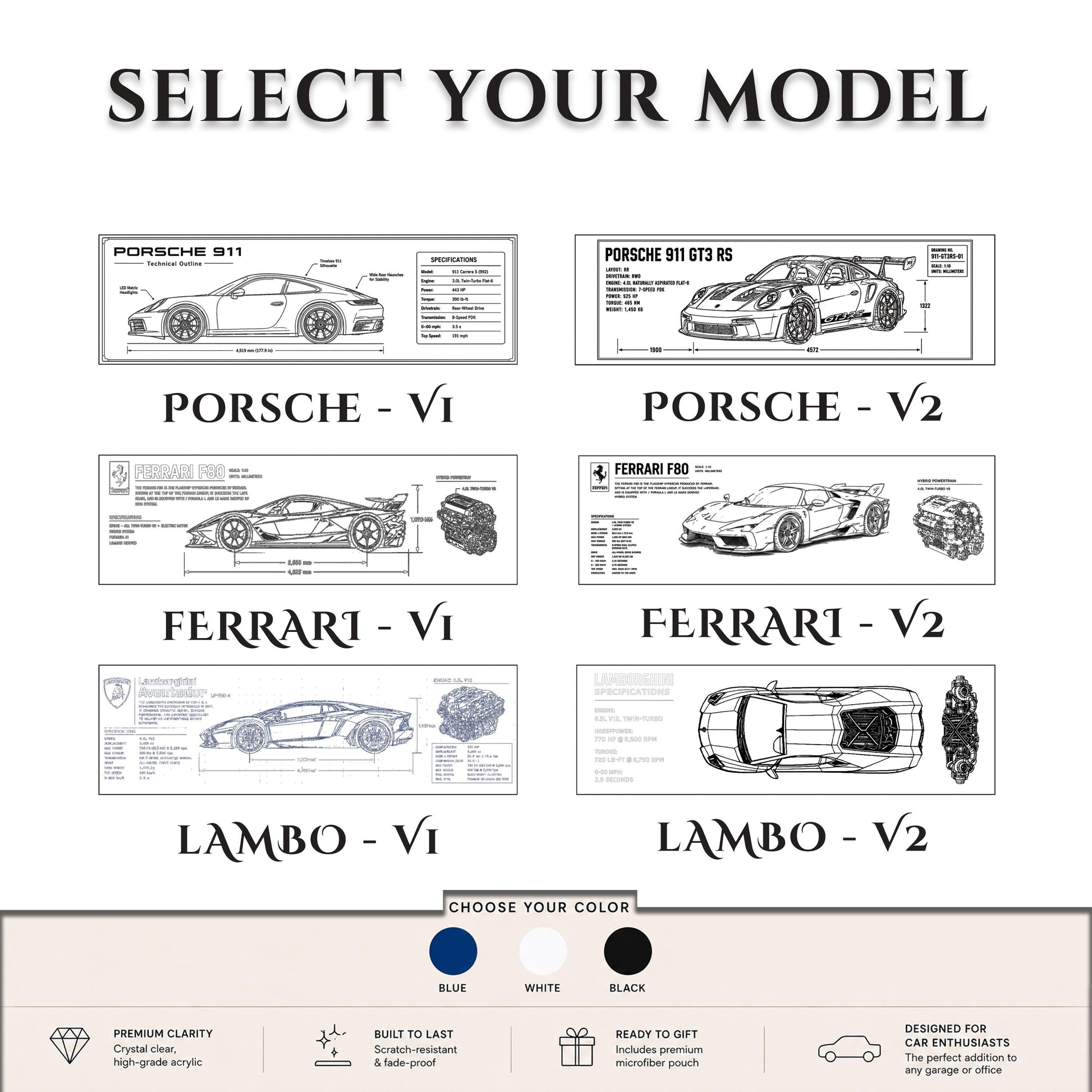 Car Blueprint Acrylic Block, Engraved Sports Car Desk Decor, Gift for Him Car Lover, Supercar Technical Drawing, Garage & Office Display