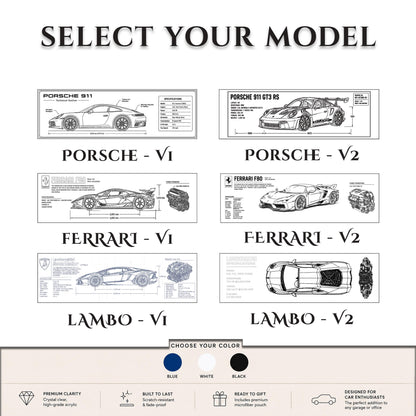 Car Blueprint Acrylic Block, Engraved Sports Car Desk Decor, Gift for Him Car Lover, Supercar Technical Drawing, Garage & Office Display