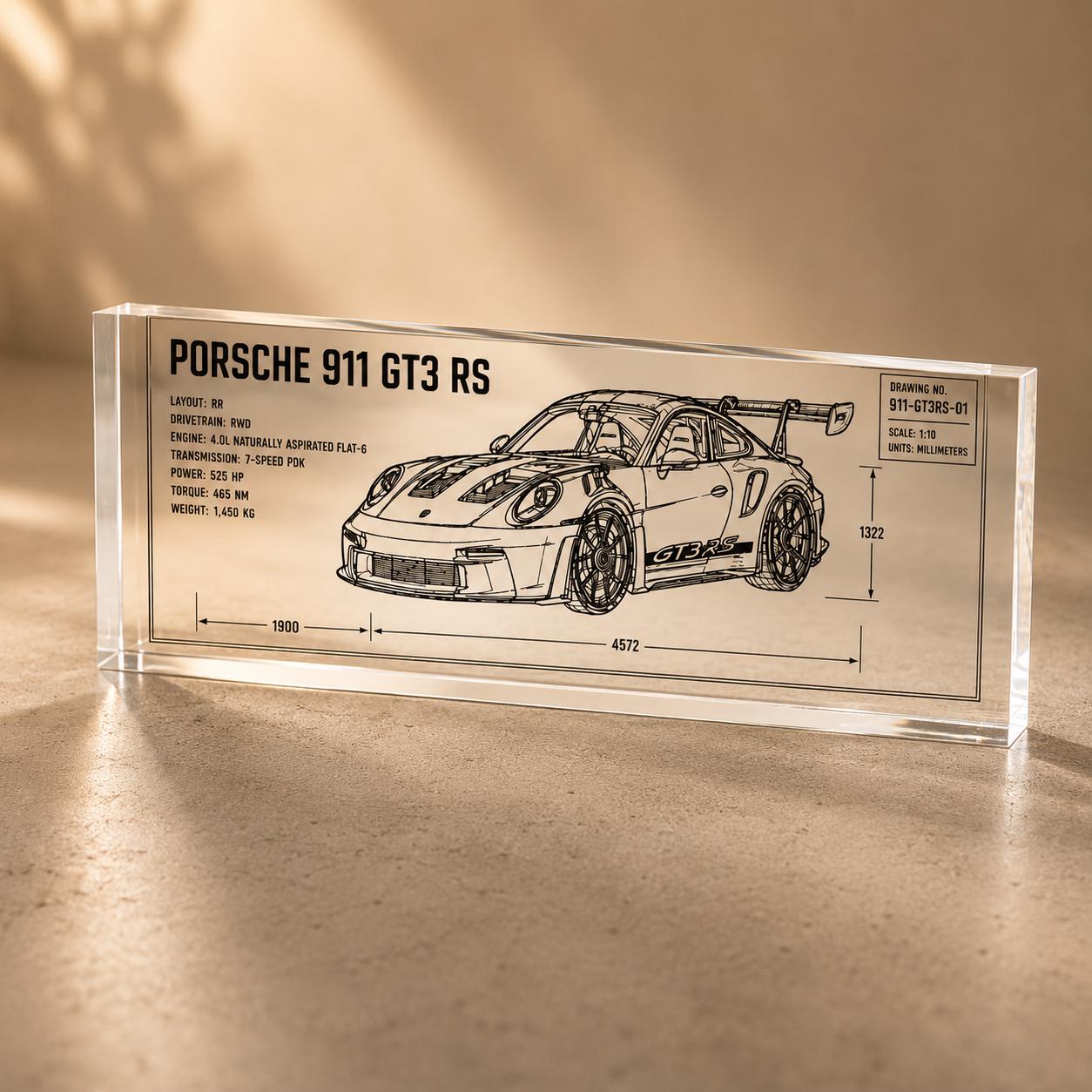 Car Blueprint Acrylic Block, Engraved Sports Car Desk Decor, Gift for Him Car Lover, Supercar Technical Drawing, Garage & Office Display