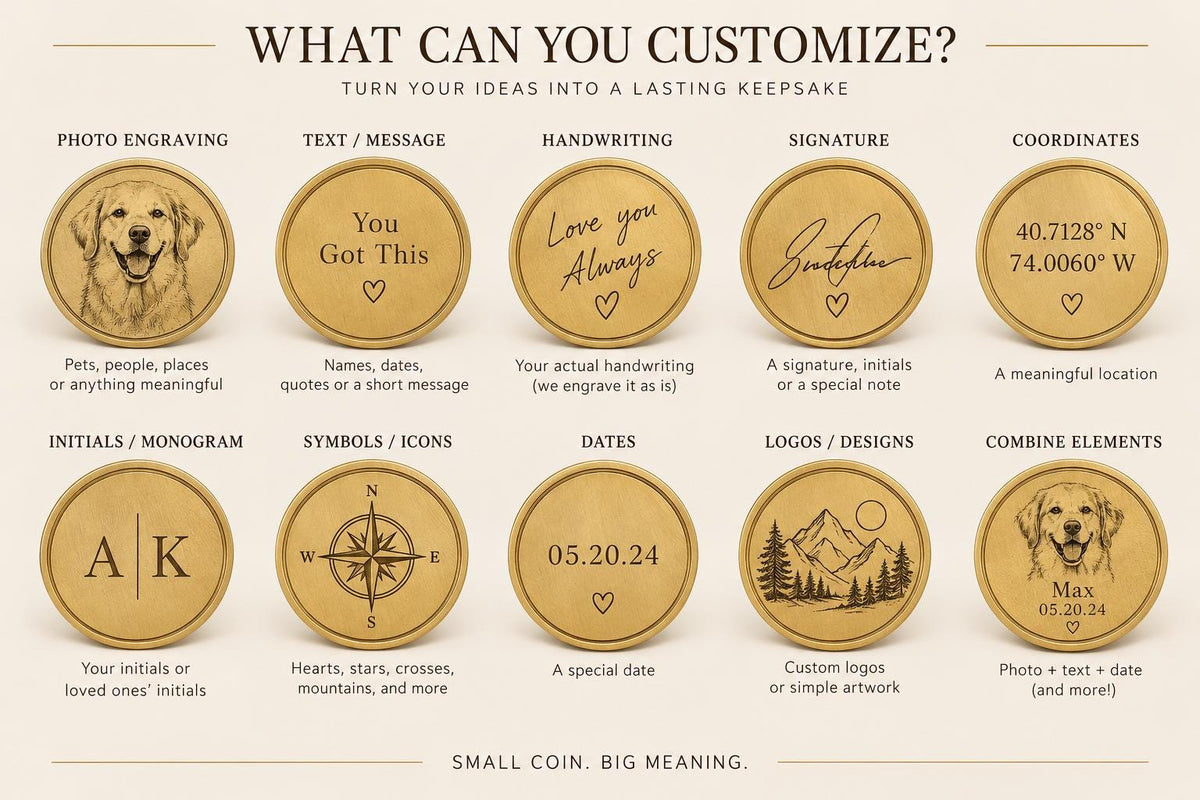 Personalized Brass Coin, Custom Photo or Text Engraved Keepsake, Pocket Token Gift