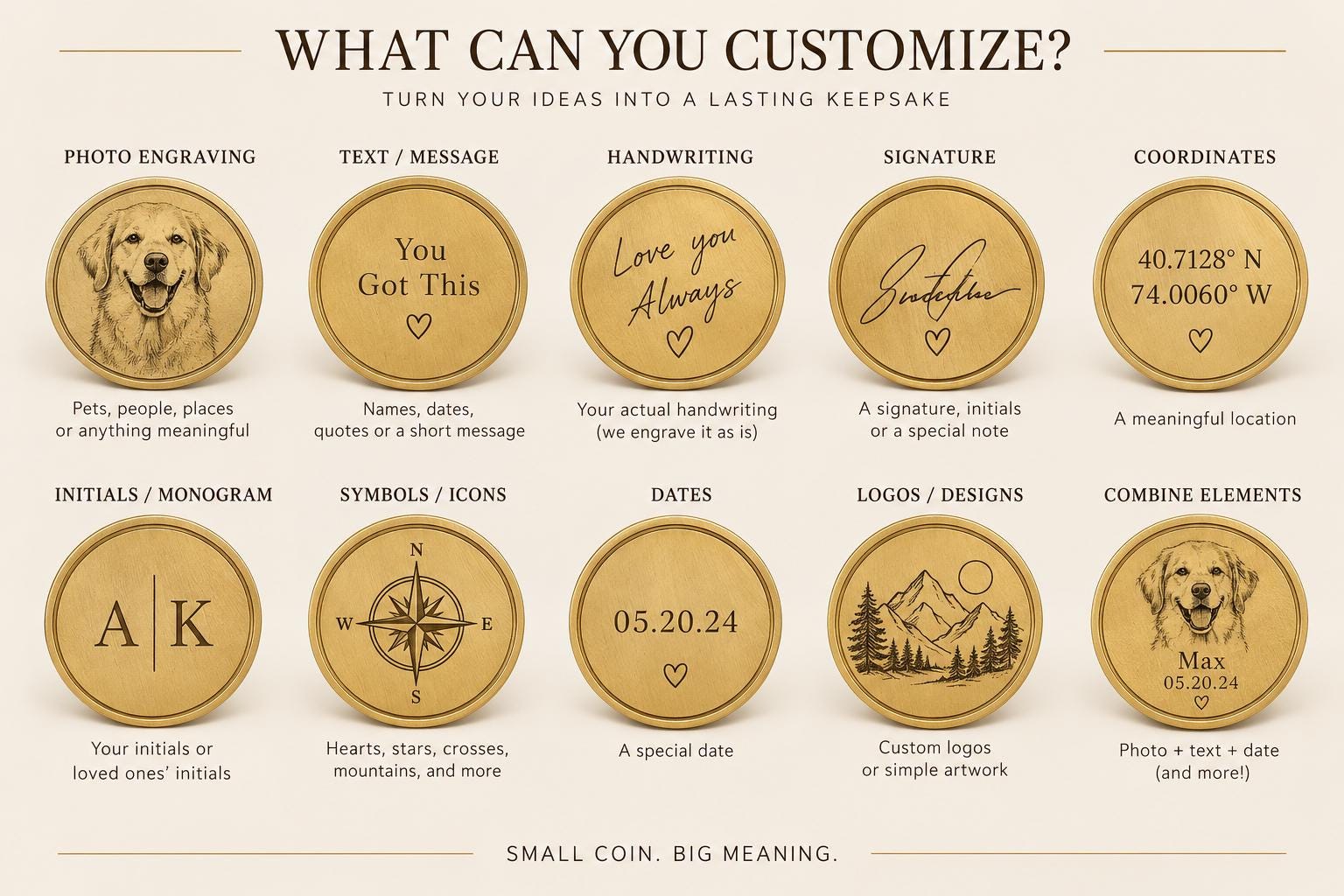 Personalized Brass Coin, Custom Photo or Text Engraved Keepsake, Pocket Token Gift